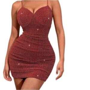 Elegant Glitter Ruched Dress - Red Women's Sparkly Sexy V Neck Sz S Women